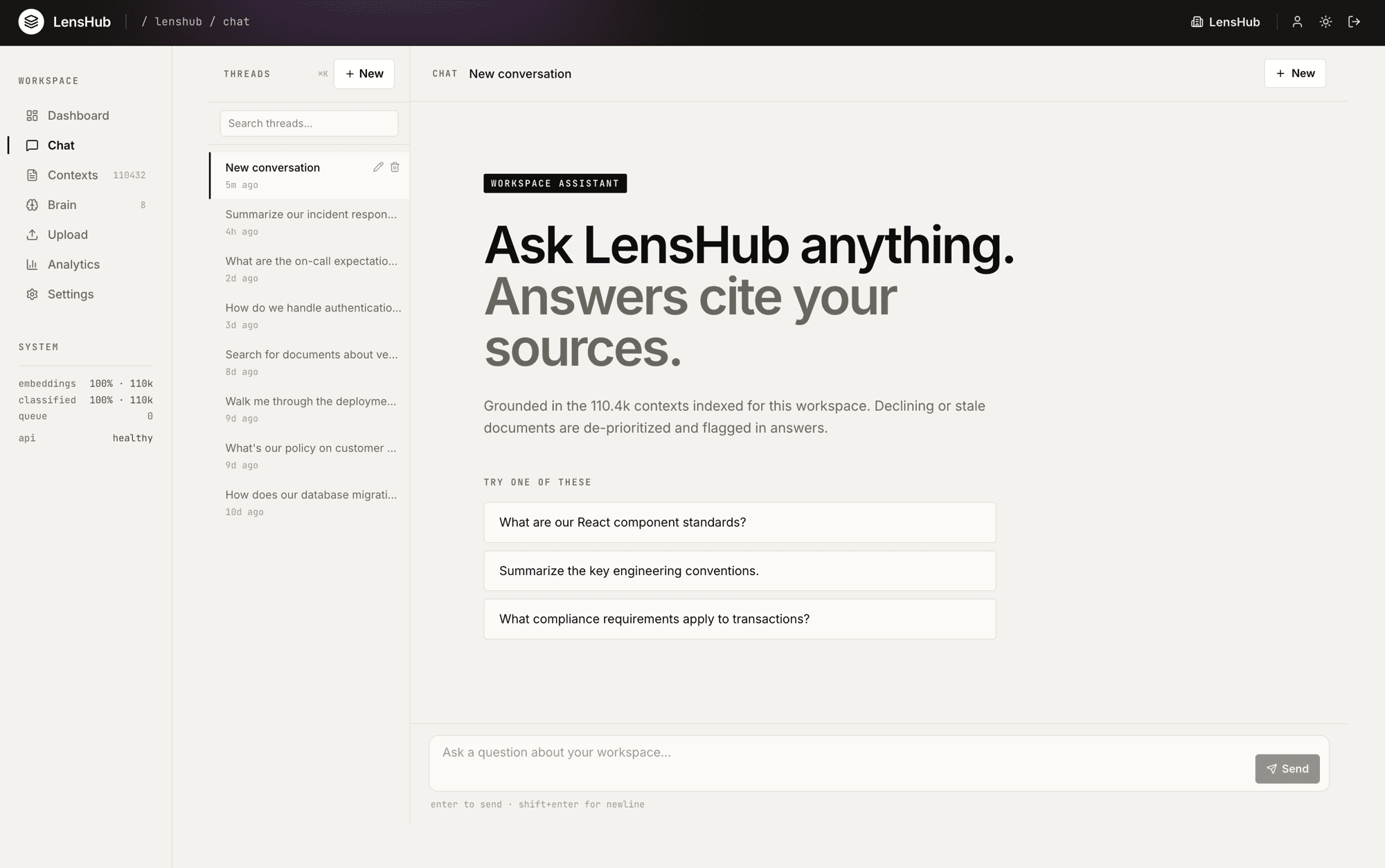 LensHub chat interface — Ask LensHub anything, with answers grounded in the indexed contexts.
